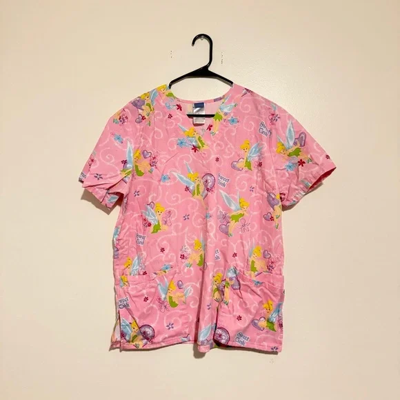 Disney | Tinkerbell Pink Cartoon Print Scrub Top - Picture 1 of 6